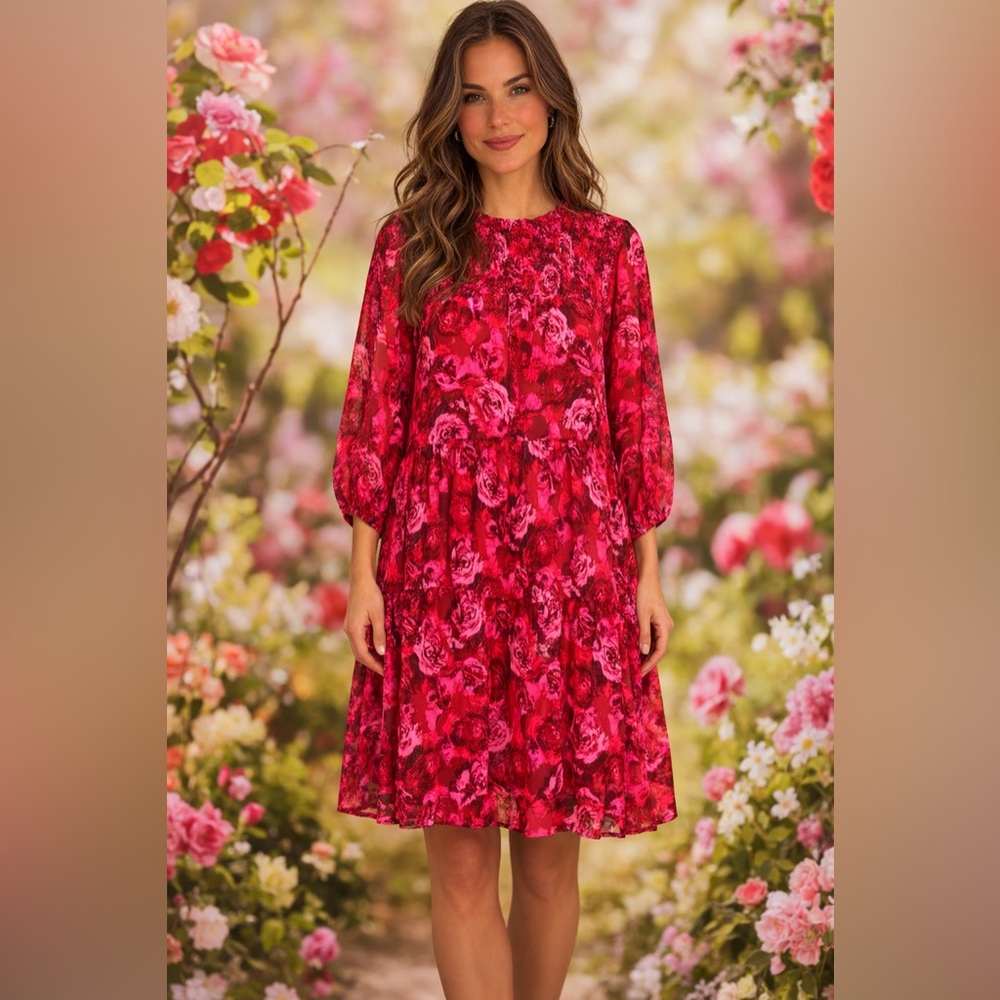 MAISON TARA Red Pink Floral Print Tiered Dress High Neck Romantic Modest 2X